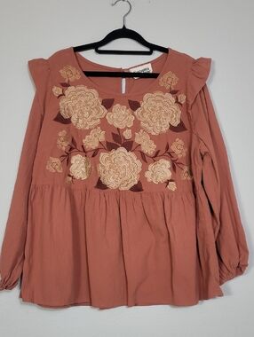 Savanna Jane Embroidered Floral Ruffle Blouse Size 1X Boho Cotton Cottagecore